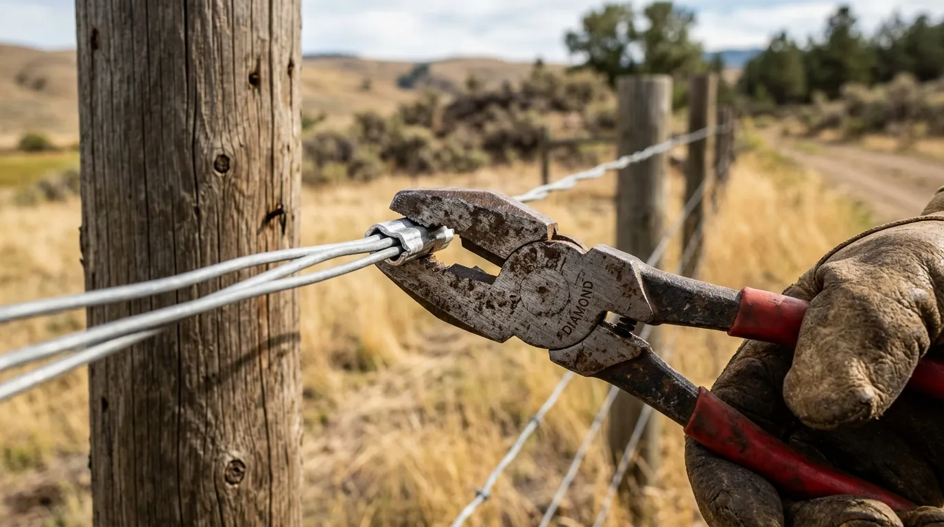Crimping a metal sleeve on a fence wire line