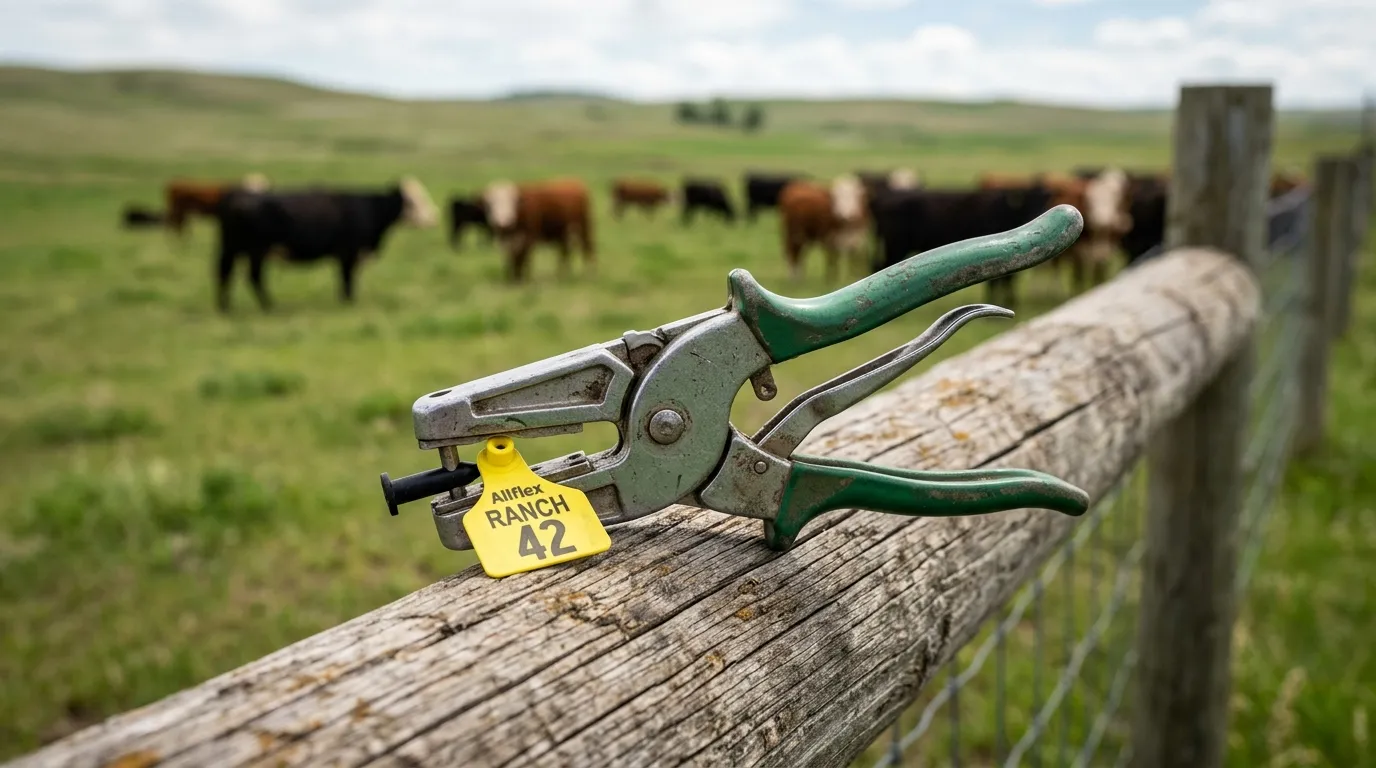 Heavy-duty livestock ear tag applicator pliers resting on a fence rail
