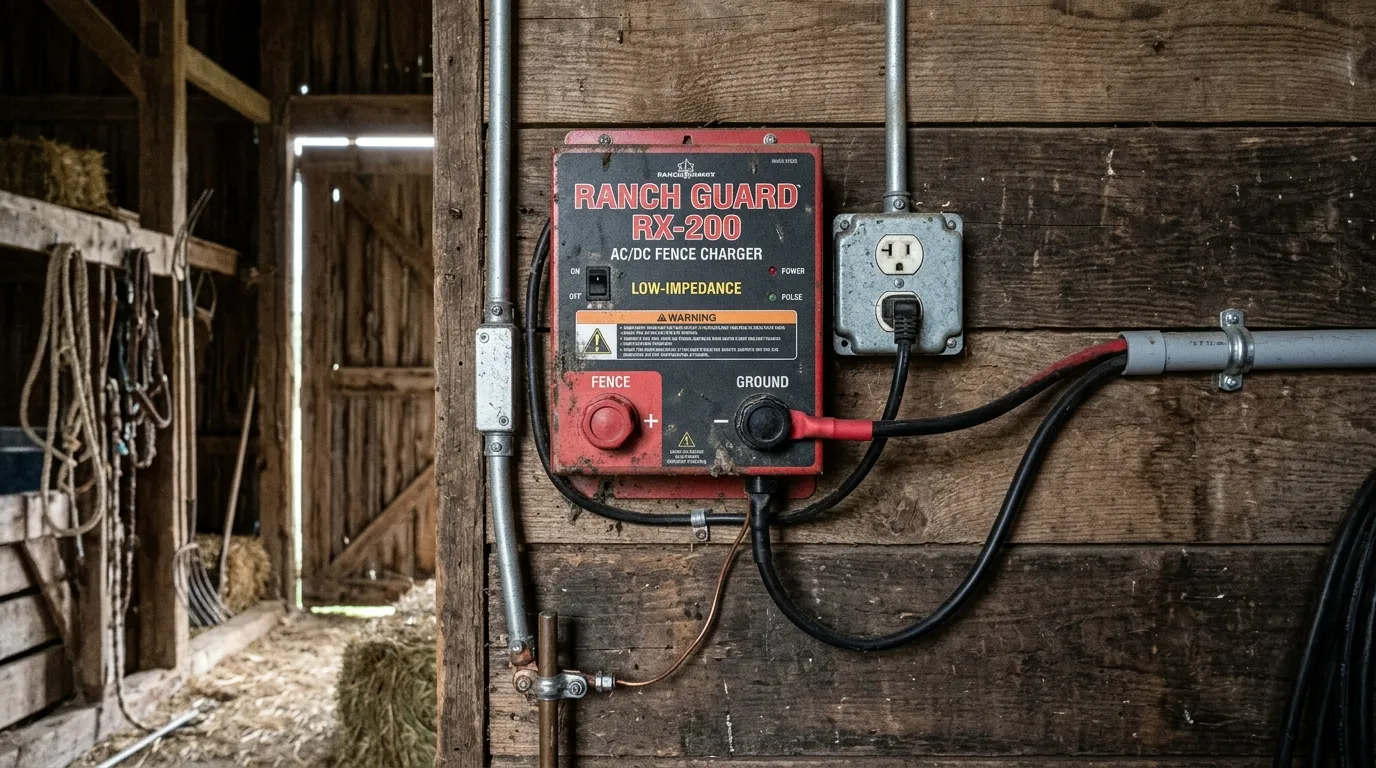 Rugged low-impedance AC/DC electric fence charger mounted inside a wooden barn