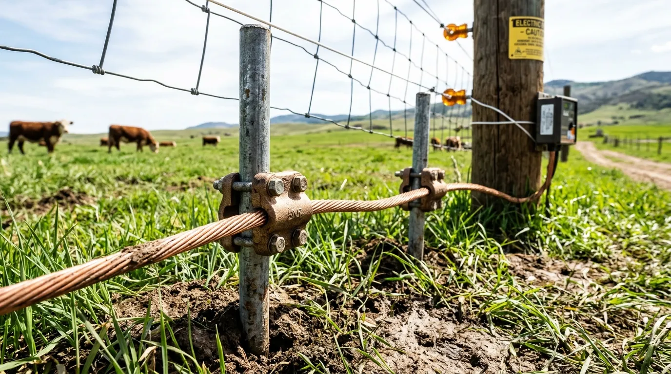 Three galvanized grounding rods driven into pasture soil connected with heavy-duty clamps and grounding wire