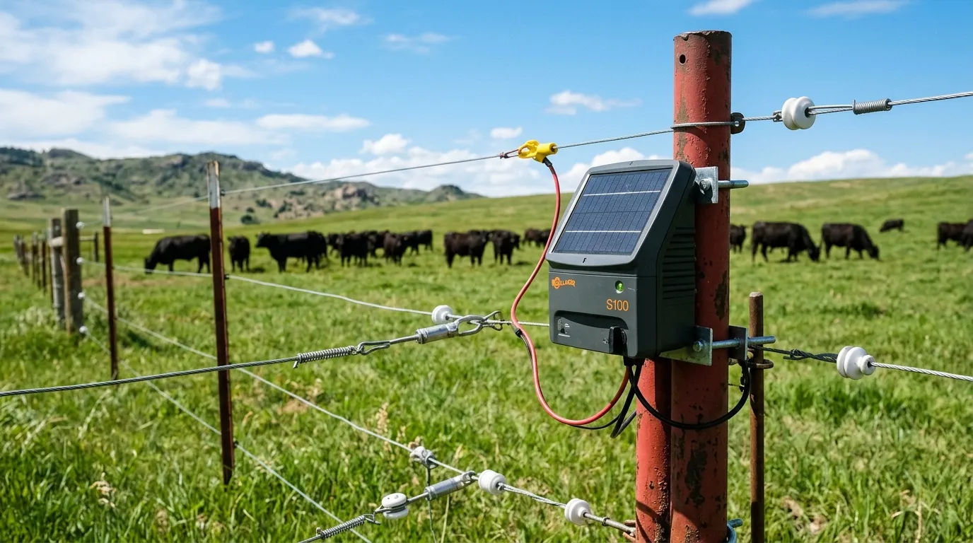 Solar electric fence energizer mounted on a T-post in a cattle pasture