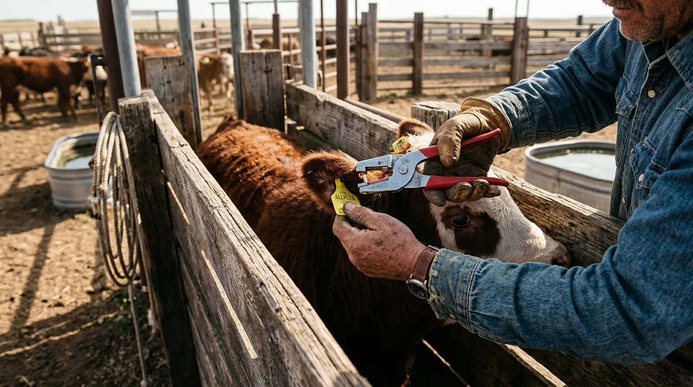 Rancher applying an ear tag to a calf in a chute