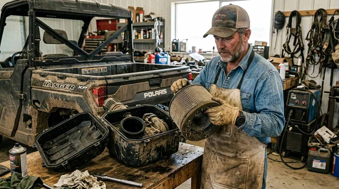 Rancher inspecting a heavy-duty cylindrical air filter next to an open UTV airbox