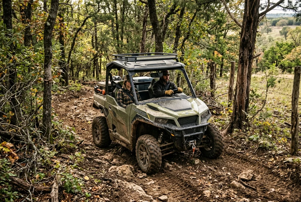 UTV navigating a tight forest trail