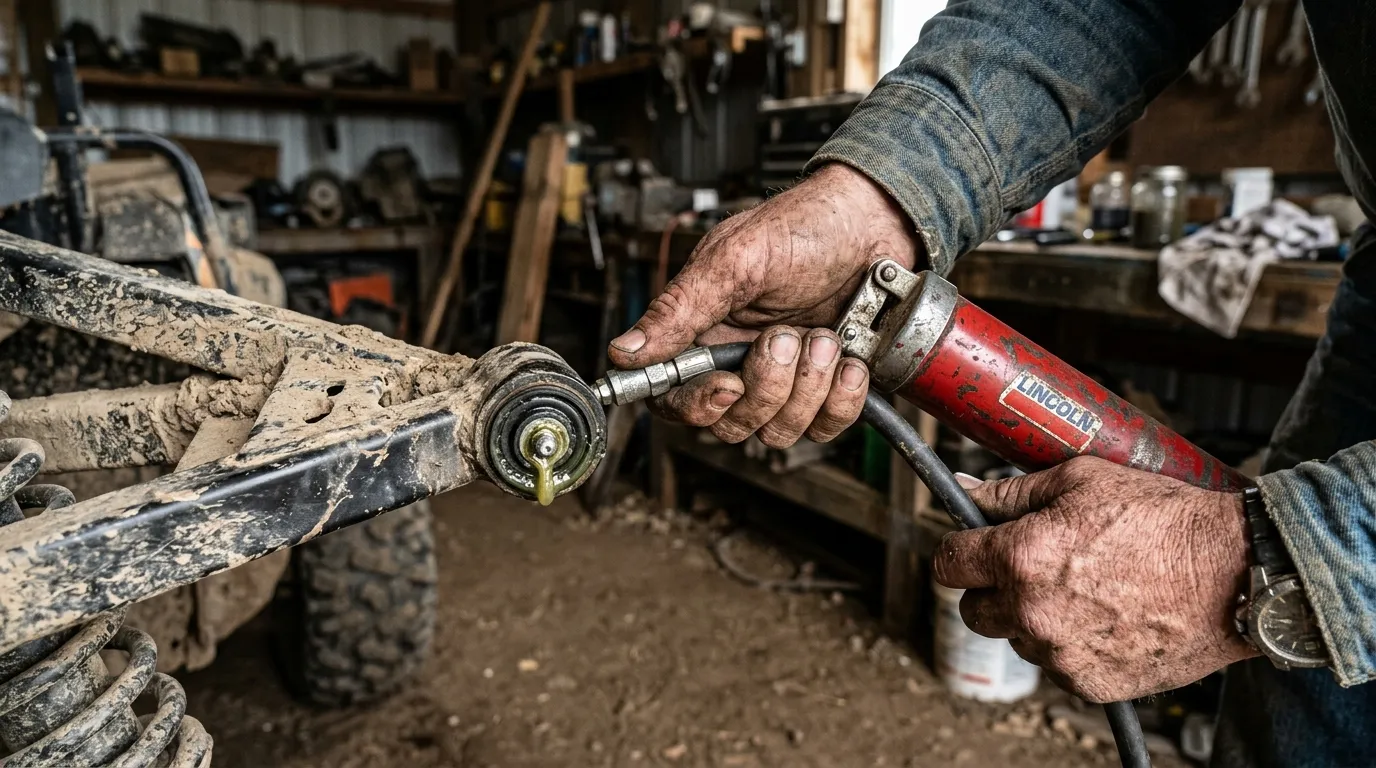 Pistol-grip grease gun attached to a UTV suspension A-arm zerk fitting purging fresh grease