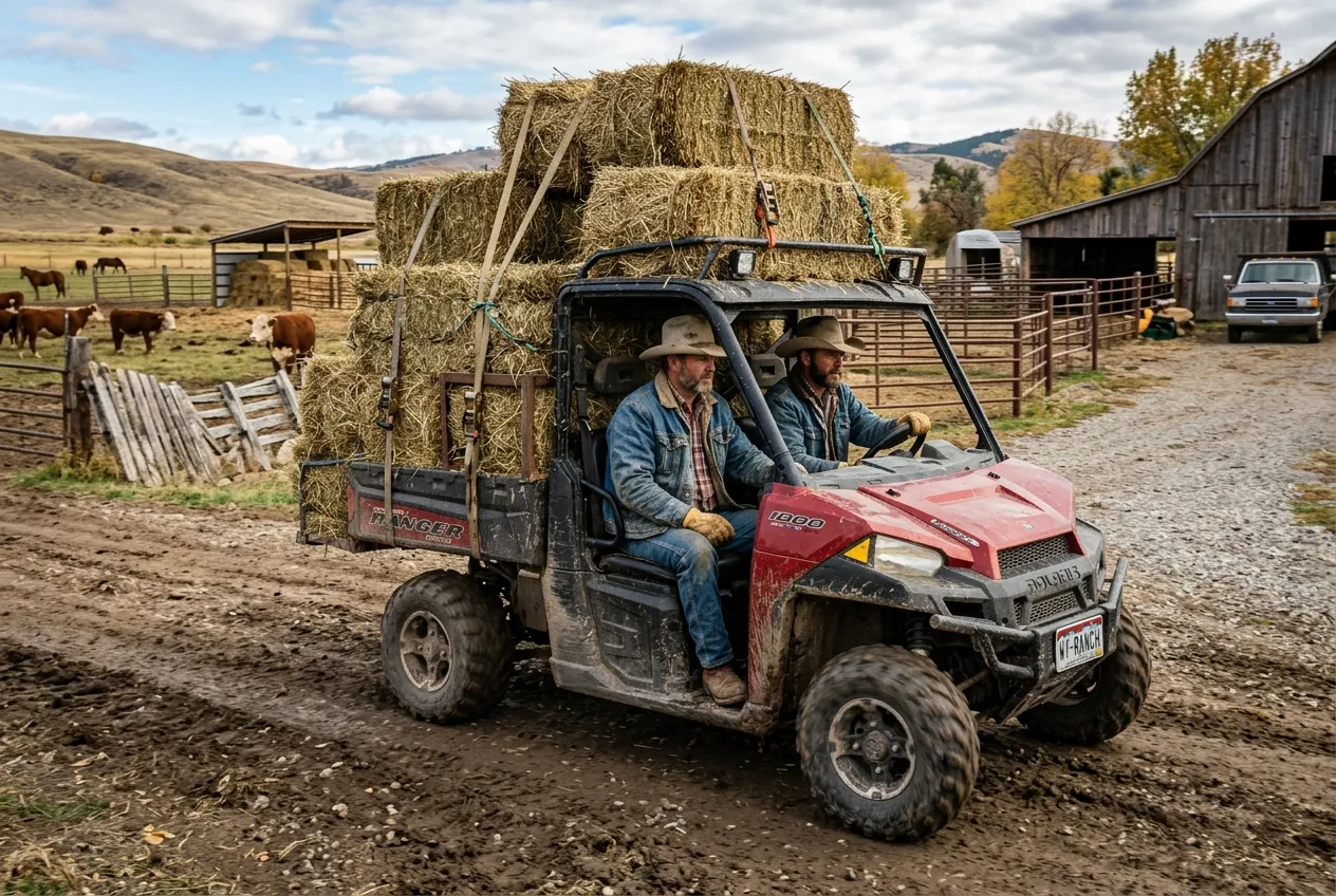 UTV loaded with hay bales