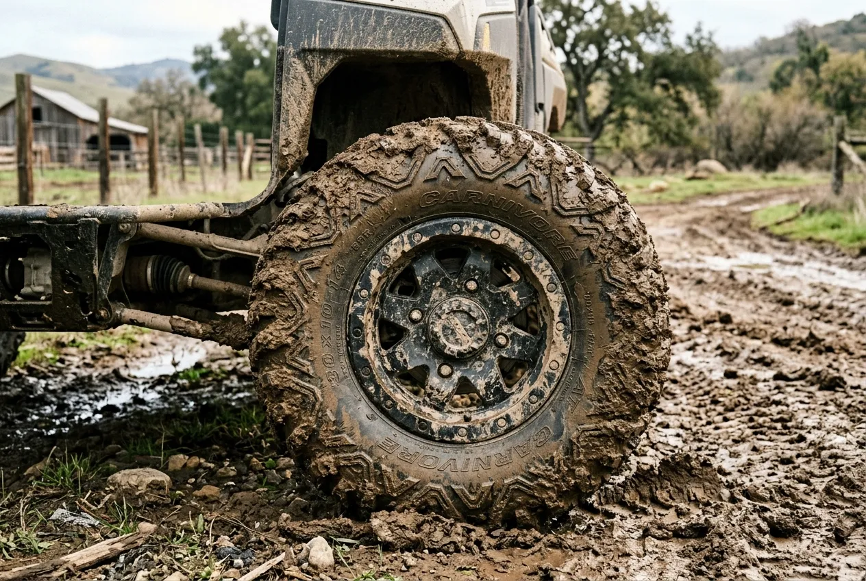 Close up of UTV off-road tires in mud