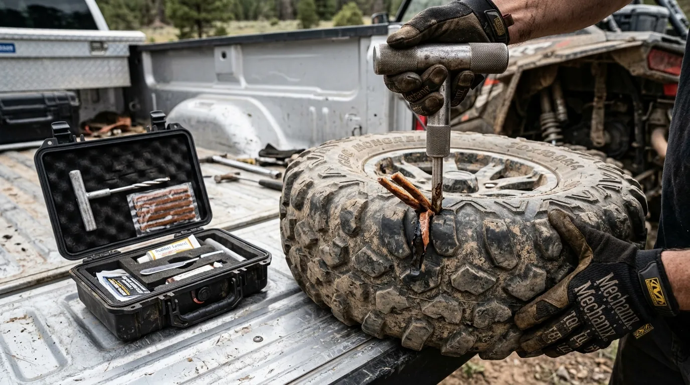 Repairing a punctured ranch UTV tire tread with a heavy-duty T-handle plug insertion tool
